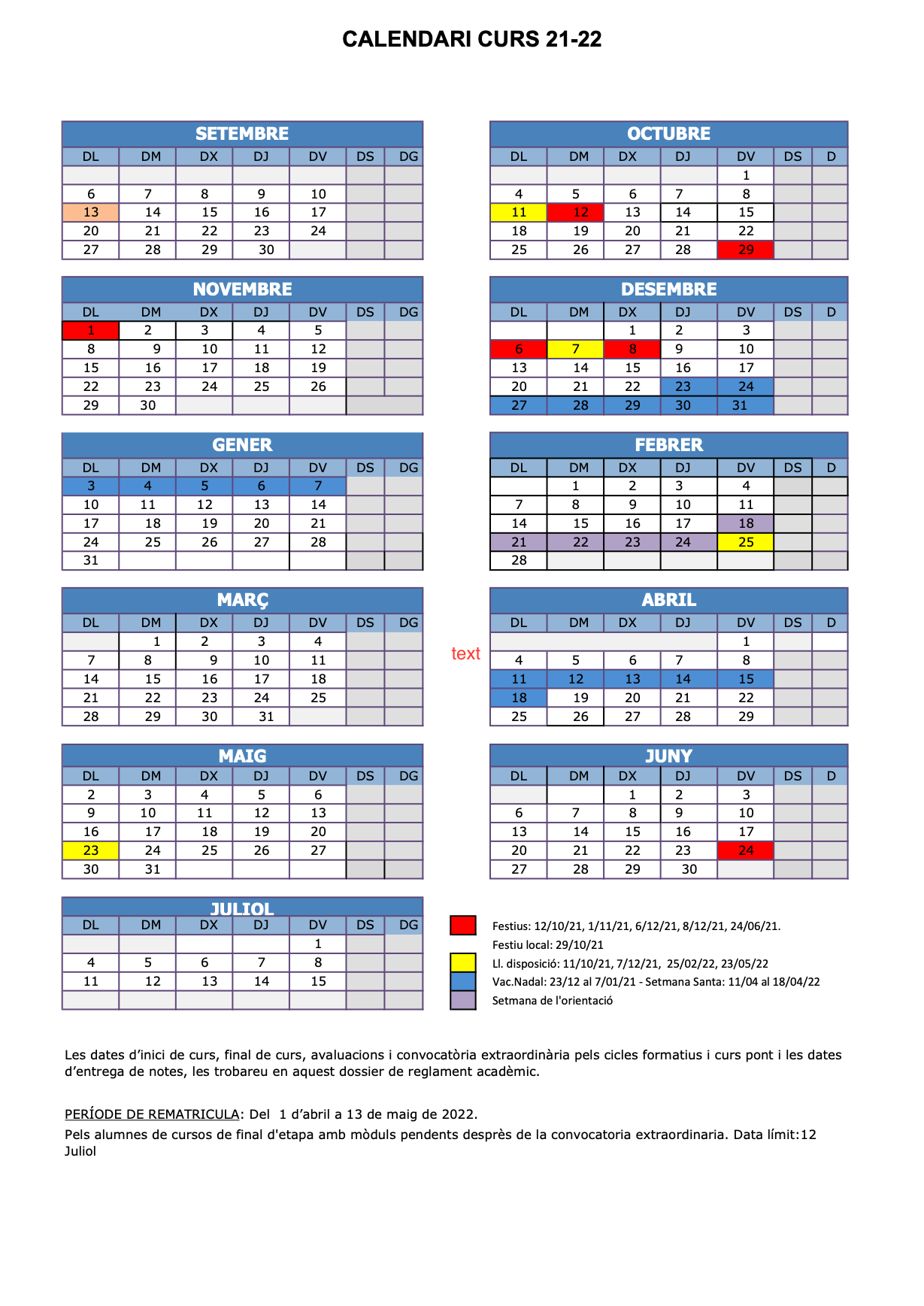 calendari escolar ETG curs 2021-2022